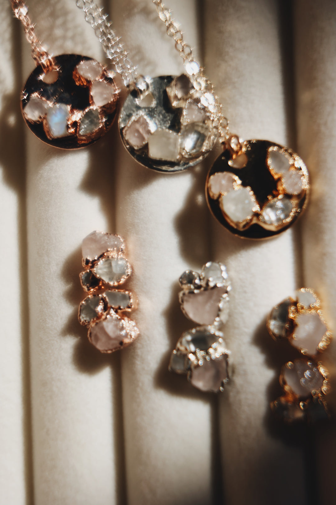 I Am Loved Earrings · Rose Quartz, Moonstone, Diamond Quartz