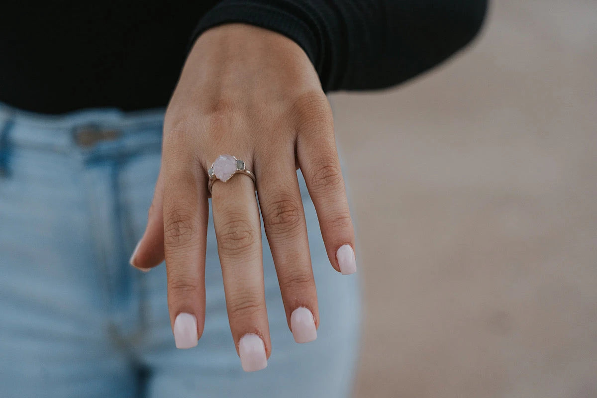 Unique September Birthstone Design · Raw Rose Quartz Sapphire Ring ...