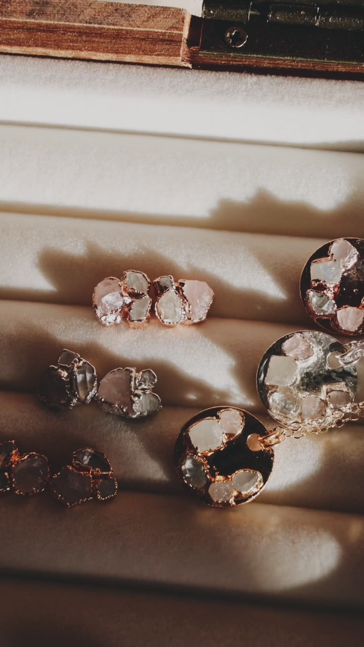 I Am Loved Earrings · Rose Quartz, Moonstone, Diamond Quartz